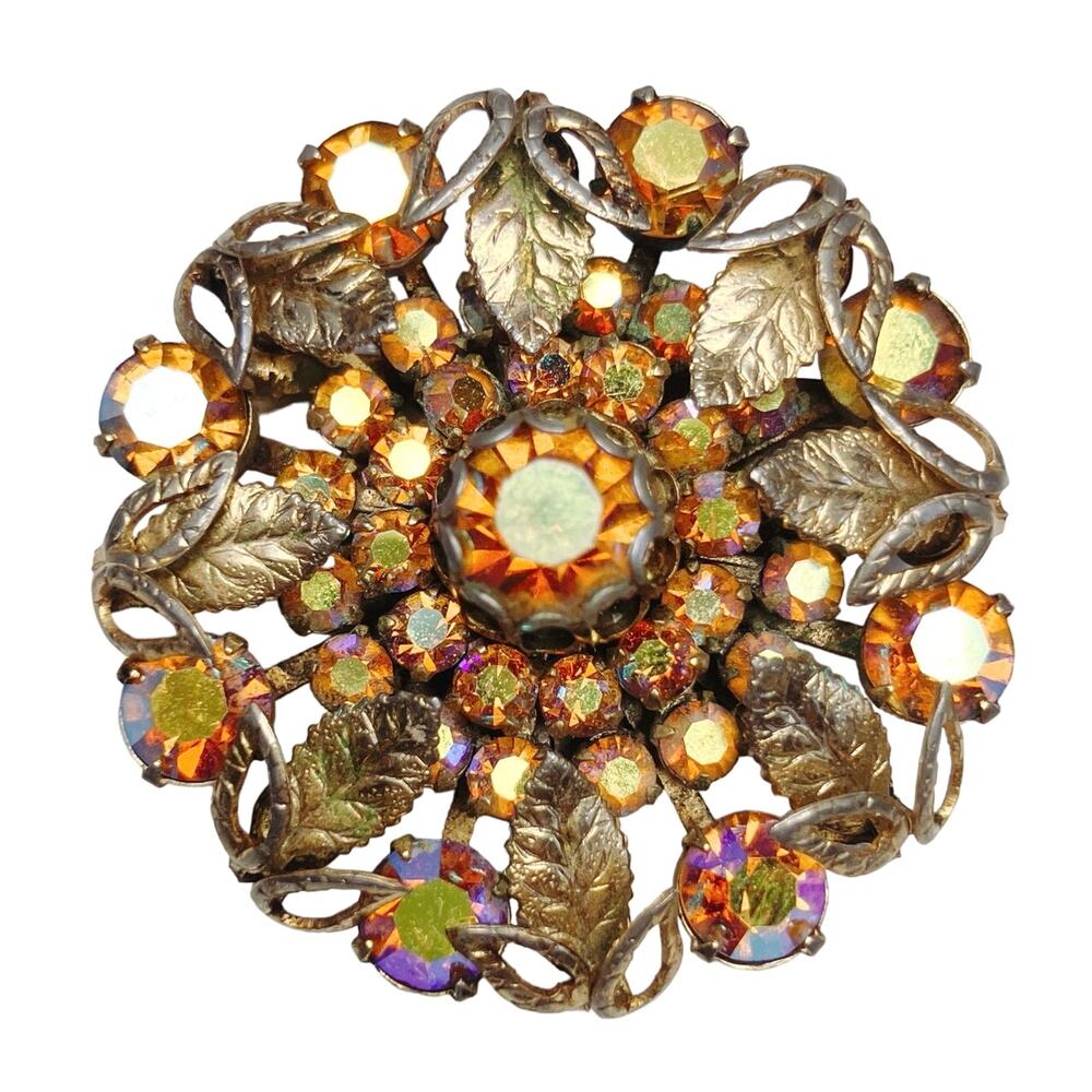 Mid Century Vintage Aurora Borealis 1.5" Rhinestone Brooch Pin, Fall Gold Leaf